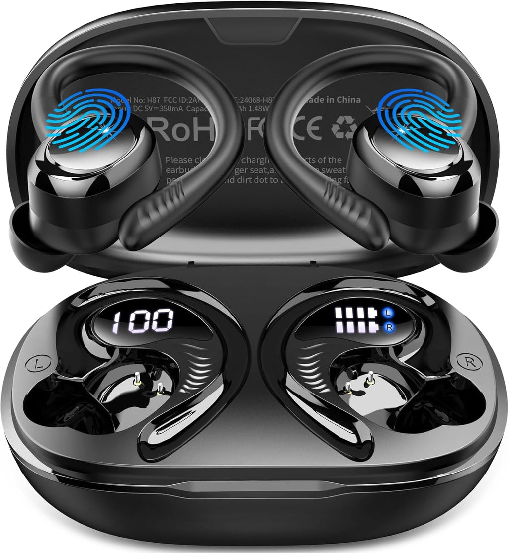 Hupoaf Wireless Earbuds Sport, 2025 Bluetooth 5.4 Headphones with Earhooks, 50H Stereo Deep Bass Over Ear Buds with 4 ENC Mics, IP7 Waterproof Earphones for Running Workout Gym (Android/iOS)