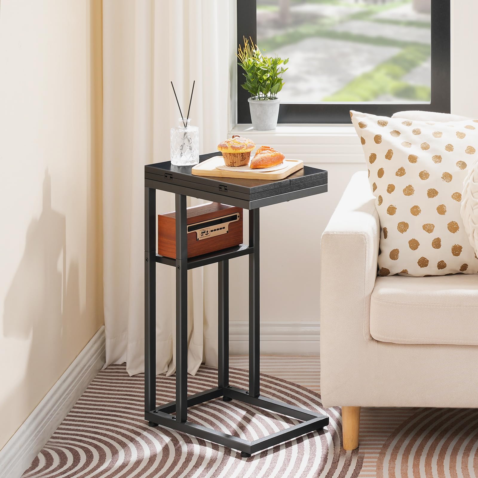 HOOBRO Foldable C Shaped End Table, C Shaped Side Table with Storage Shelf, Small Snack Table, Slide Under Couch Table for Sofa, Living Room Bedroom Small Spaces Easy Assembly, Black BK29SF01