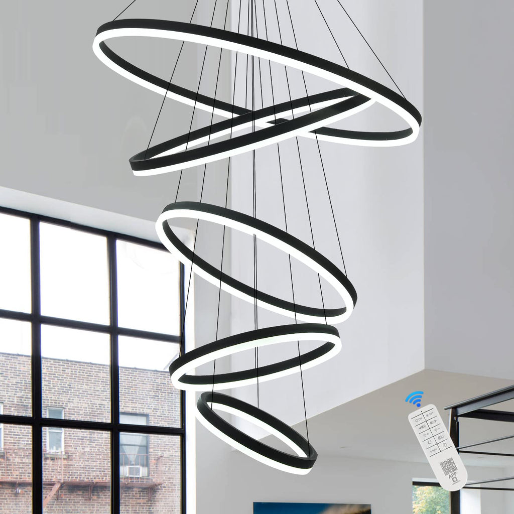 5-Rings Modern LED Chandelier Black Dimmable High Ceiling Chandelier for Dining Room with Remote Control for Foyer Living Room Entryway Staircase(D23.6’’, 3000K-6500K)