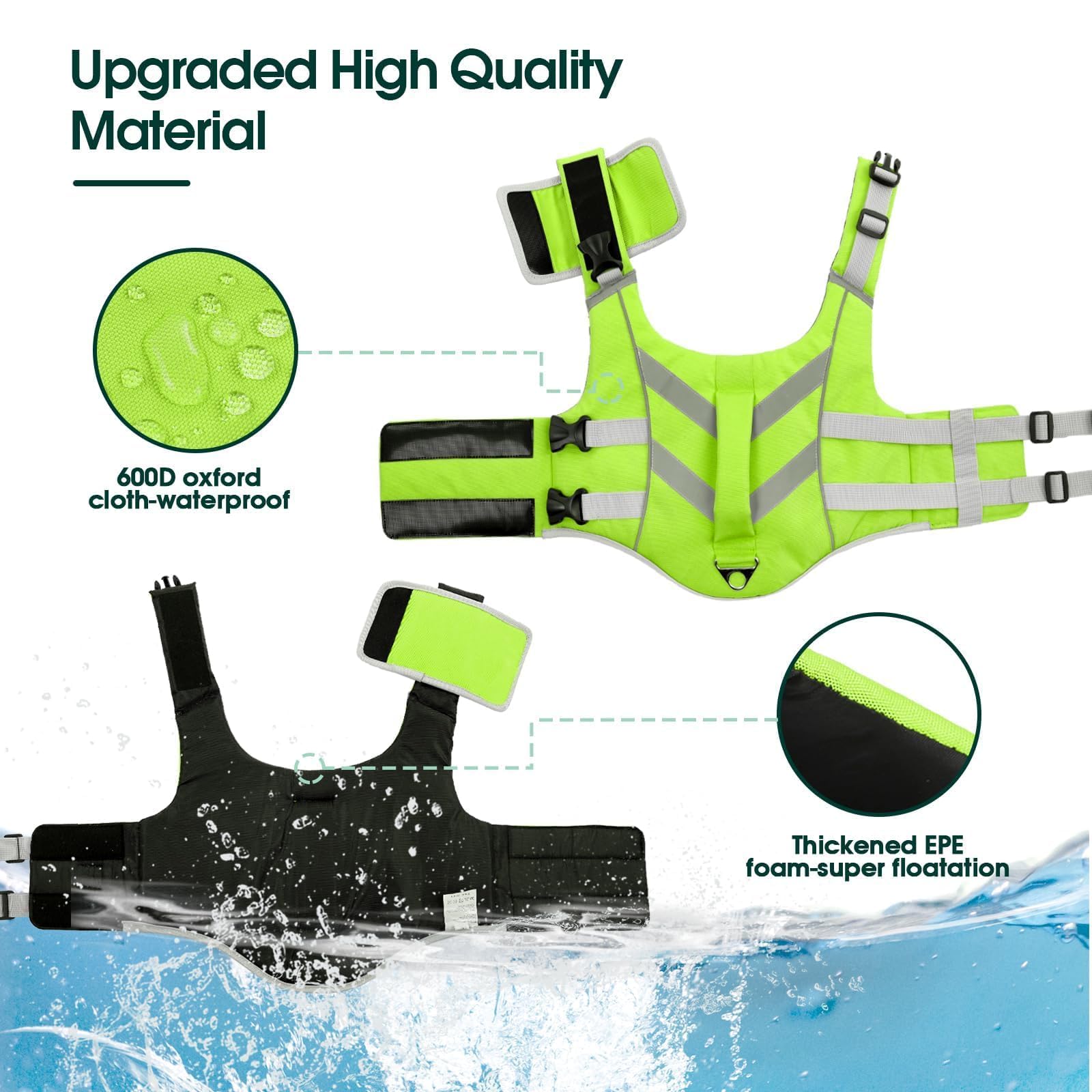 Kuoser Dog Life Jacket with Reflective Stripes, Dog Life Vest for Swimming Boating, Adjustable Pet Lifejackets with High Flotation, Doggie Swimsuit for Small Medium Large Dogs