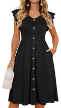 Lamilus Women's Casual Summer Dresses 2026 Ruffle Sleeves V-Neck Button Down Midi Swing Party Dress with Pockets