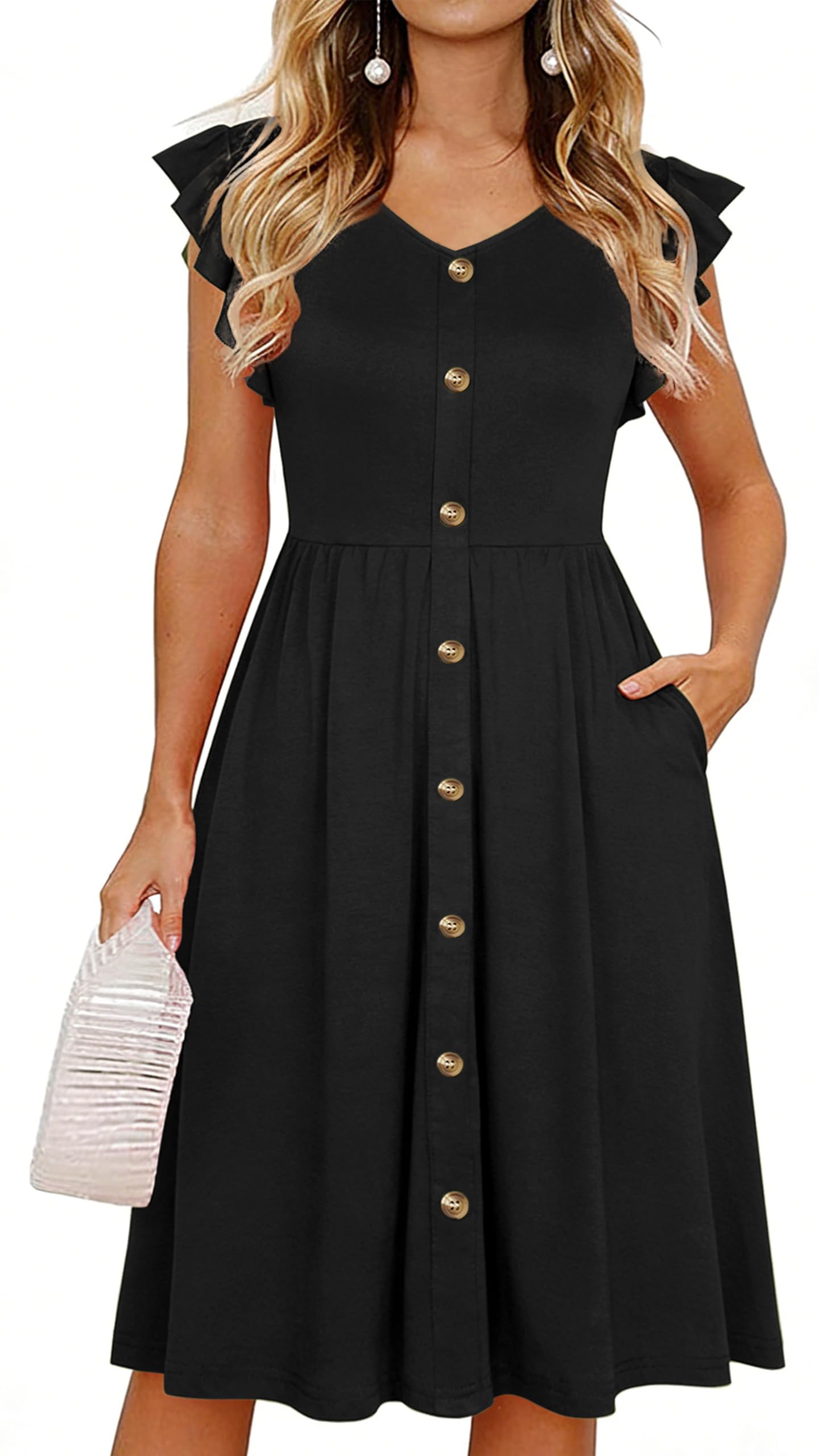 Lamilus Women's Casual Summer Dresses 2026 Ruffle Sleeves V-Neck Button Down Midi Swing Party Dress with Pockets