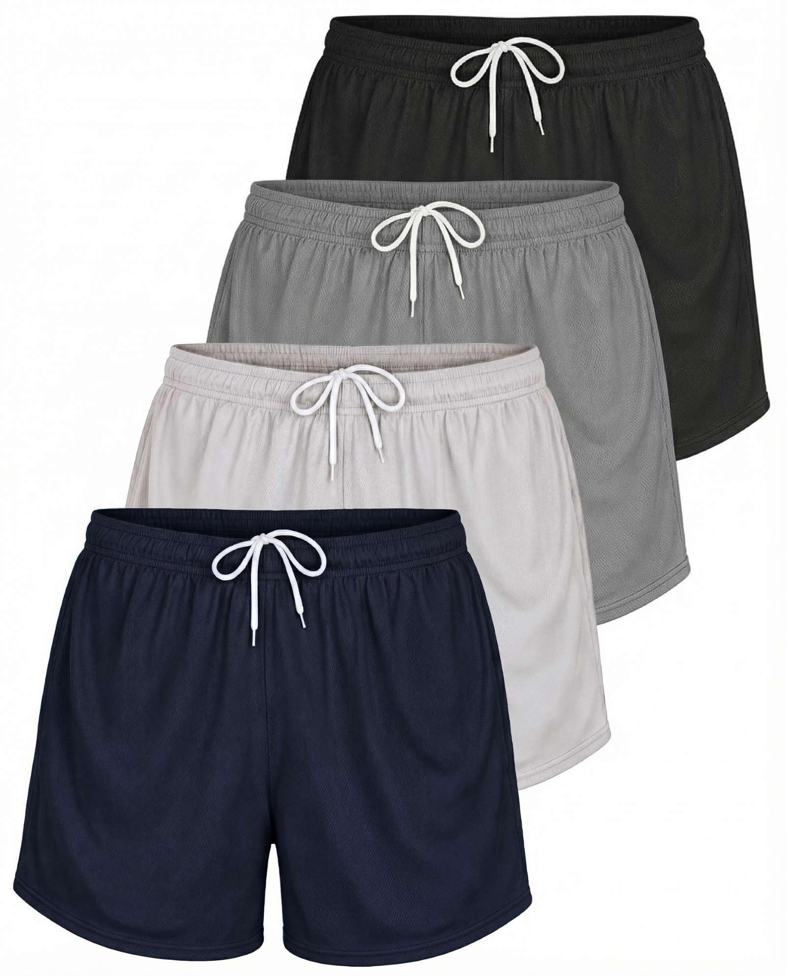 Real Essentials 4 Pack: Womens Active Athletic Performance Mesh Shorts with Pockets (Available in Plus Size)