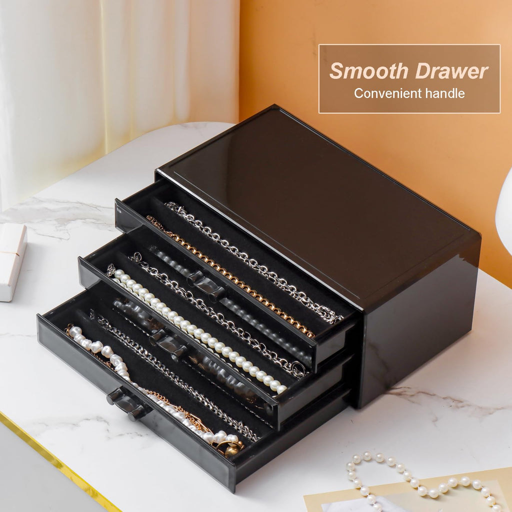 YUFONG Necklace Holder Organizer, Dustproof Necklace Box Velvet Necklace Organizer Box with Lid Clear Acrylic Dustproof Stackable Jewelry Displays for Necklaces Chain Display (Beige, 3 Drawer)