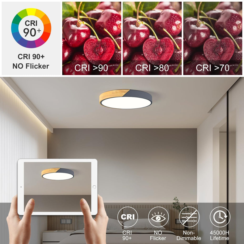 Modern LED Ceiling Light, Minimalist Wood Dimmable Flush Mount Ceiling Light Fixture, Round 5CCT Lighting Lamp with Acrylic Lampshade for Bedroom Hallway Kitchen Laundry, Black 11.8"