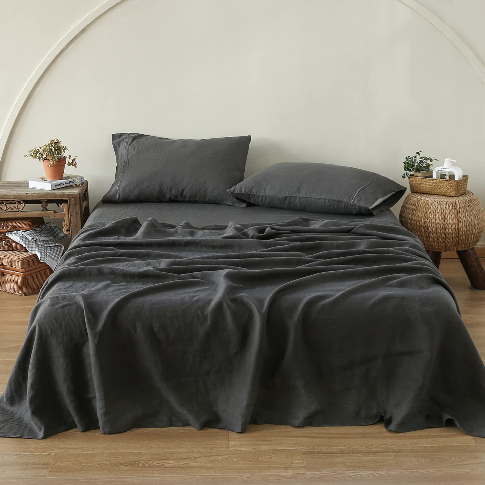 Simple&Opulence 100% Pure Linen Sheet Set Twin Size, Natural French Flax Solid Color 3 Pcs Washed Breathable, Farmhouse Bedding (1 Flat Sheet,1 Fitted Sheet,1 Pillowcase)-Embroidery Dark Grey