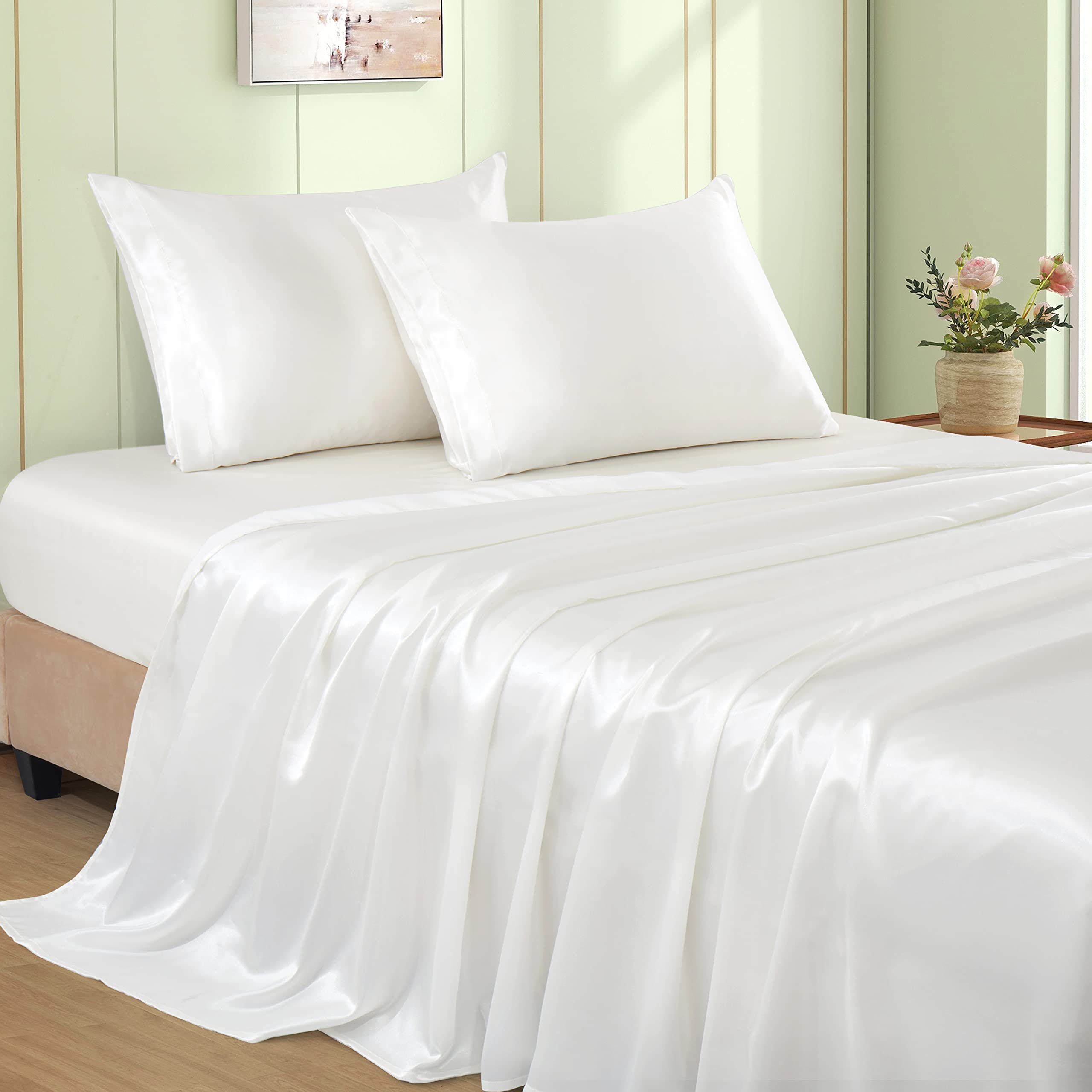 VACVELT 3pcs Beige Satin Sheets Twin Size Bed Set, 15 Inch Deep Pocket Silky Satin Sheet Set, Soft Satin Bedding Set Cooling & Luxury Bed Sheets, 1 Fitted Sheet + 1 Flat Sheet + 1 Pillowcase