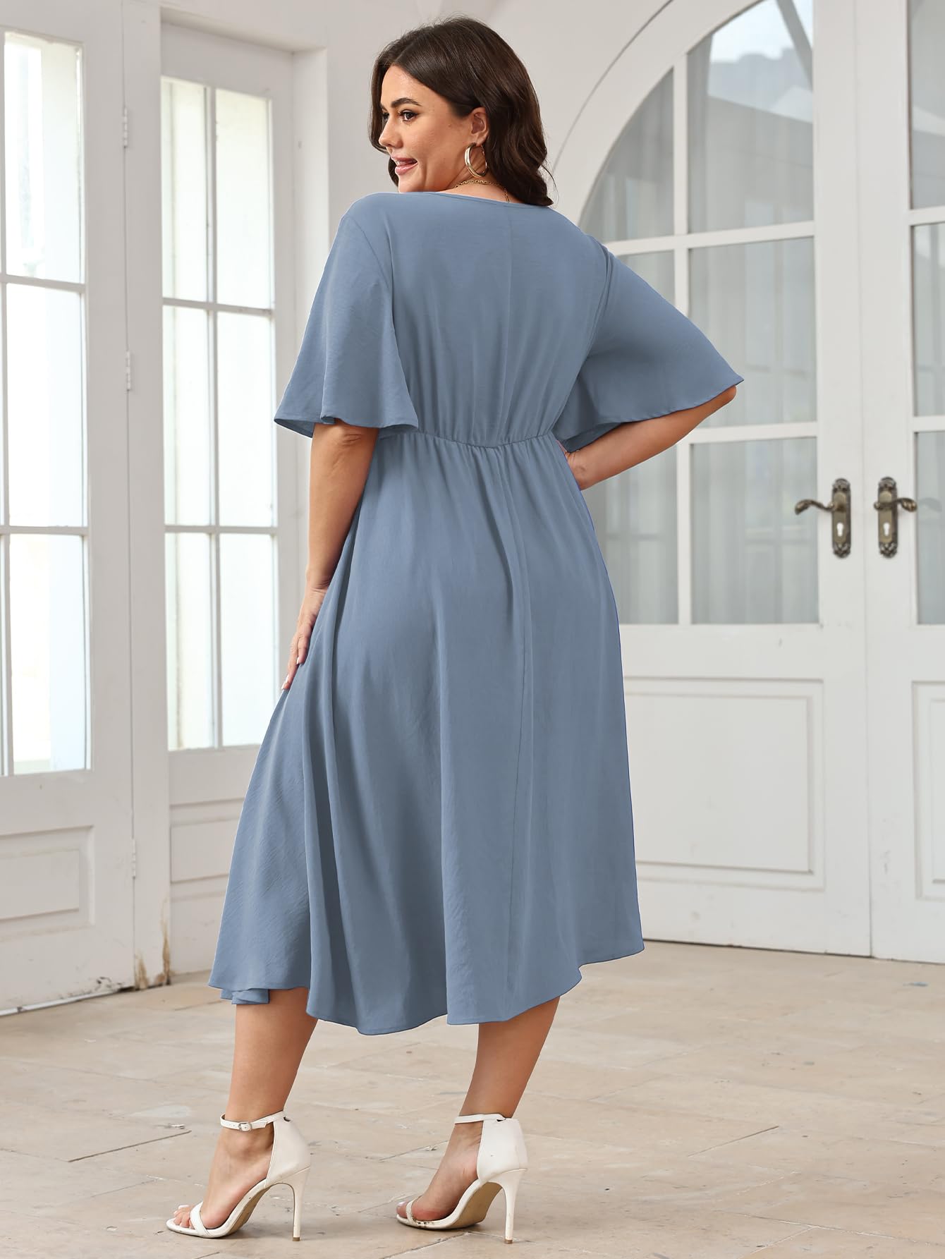 SCOMCHIC Women Plus Size Midi Dresses Wedding Guest Short Sleeve V Neck Tie Waist Casual Summer Flowy A Line Dress