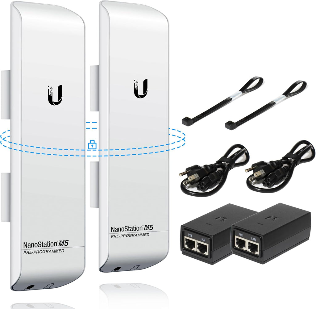Wireless Bridge Ubiquiti NanoStation M5 PRE-CONFIGURED Bundle of 2 Ubiquiti airMAX NSM5-US, Point to Point Outdoor WiFi Bridge, Plugh and Play, 5GHz, 150+Mbps, 15+km Link Range, Network WiFi Bridge.