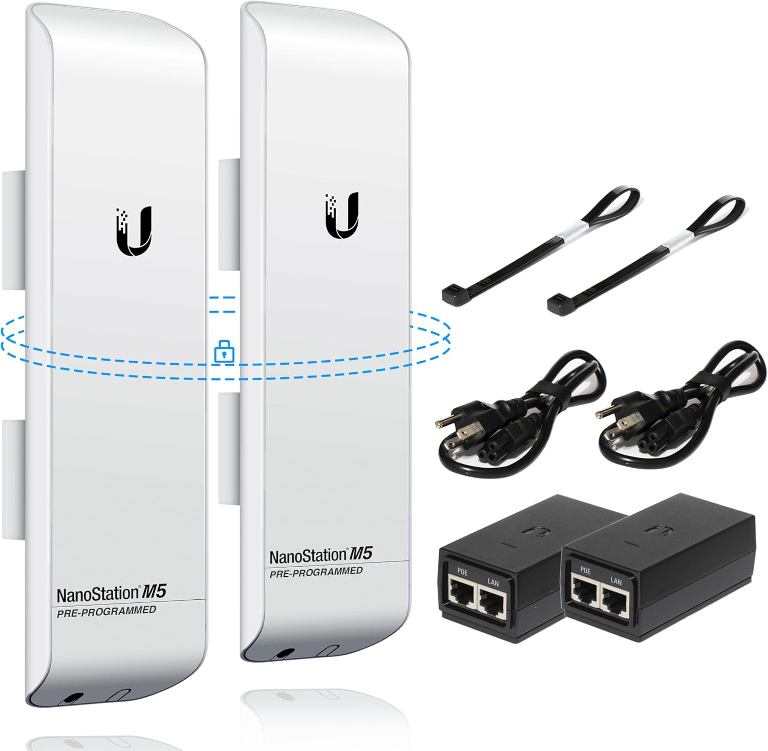 Wireless Bridge Ubiquiti NanoStation M5 PRE-CONFIGURED Bundle of 2 Ubiquiti airMAX NSM5-US, Point to Point Outdoor WiFi Bridge, Plugh and Play, 5GHz, 150+Mbps, 15+km Link Range, Network WiFi Bridge.