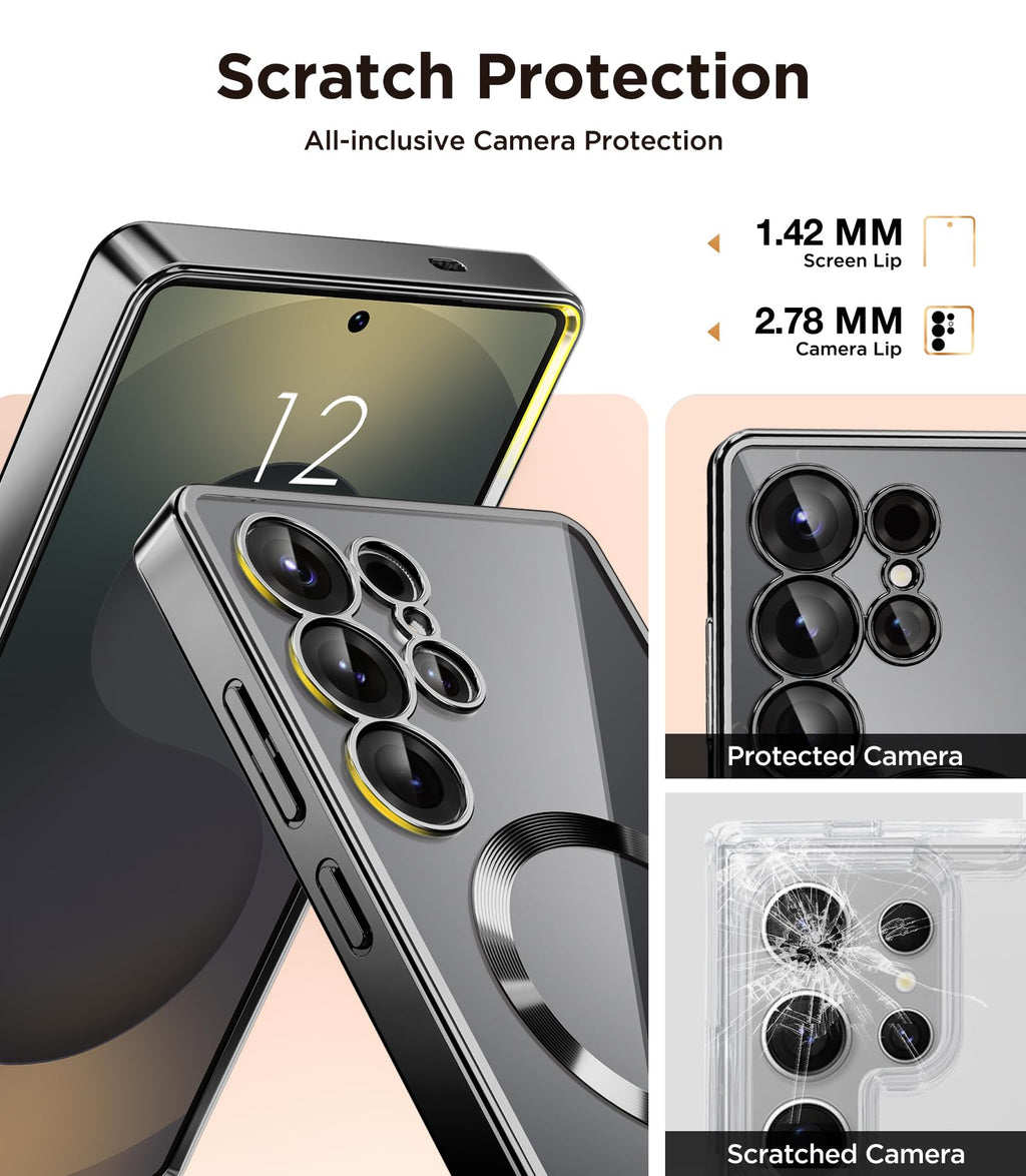 Magnetic Case Compatible with Samsung Galaxy S25 Ultra,Compatible with MagSafe,[Full Camera Protection][Screen Protector] Shockproof Plating Clear Phone Cover for Galaxy S25 Ultra(Black/Clear)