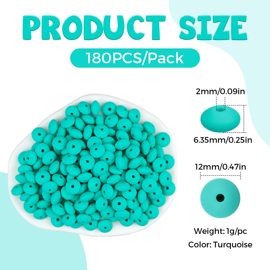 FIVEIZERO 180PCS Silicone Lentil Beads,12mm Spacer Beads | Flexible Silicone, 2mm Hole Design, Easy to Thread, Fade Resistant, Easy to Clean