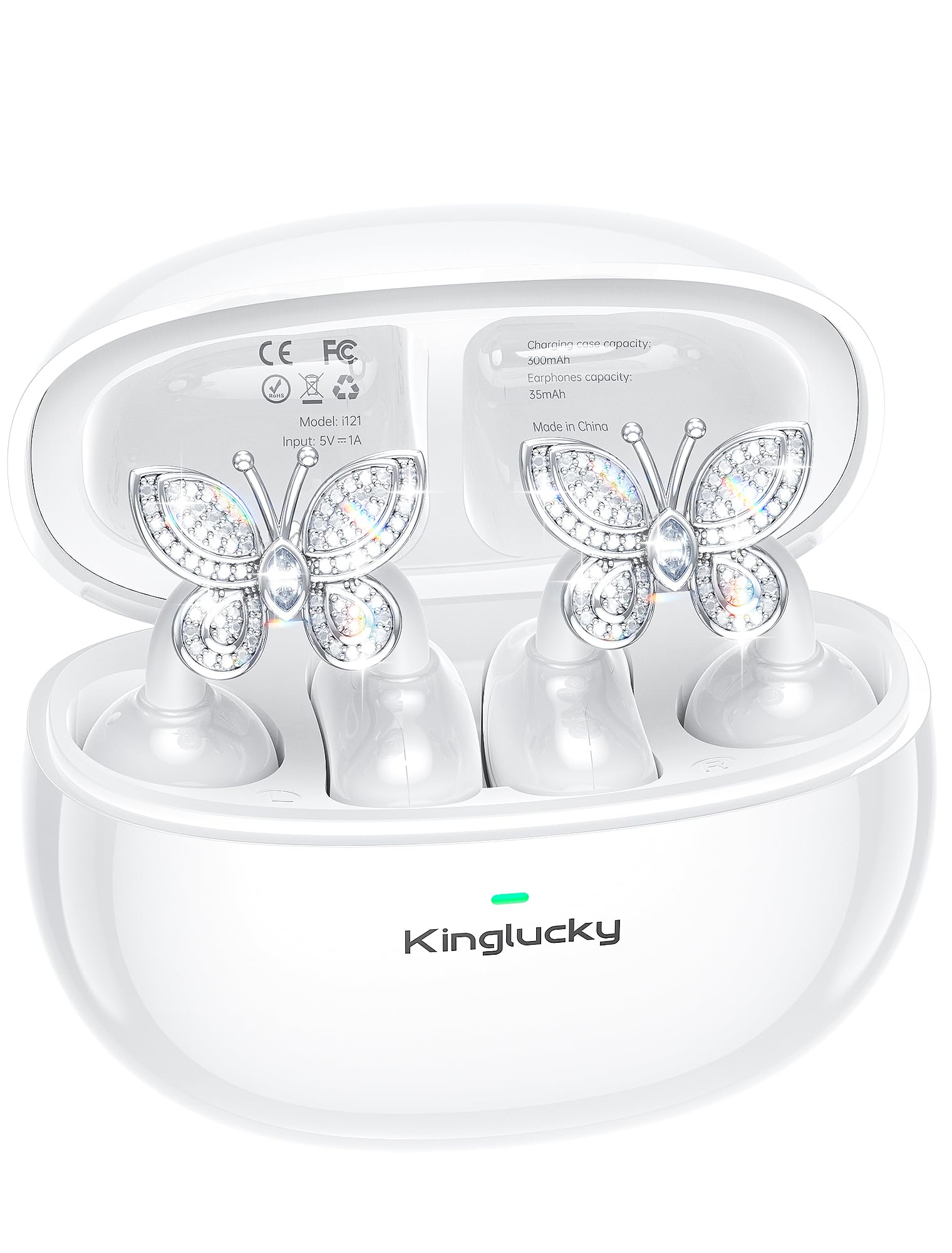 Kinglucky Jewelry-Inspired Clip-On Earbuds with Butterfly Earrings, Comfortable Fit & 40H Playtime Open Ear Bluetooth 5.4 Wireless Headphones for Women, Small Ears, Sports & Workouts (Black)