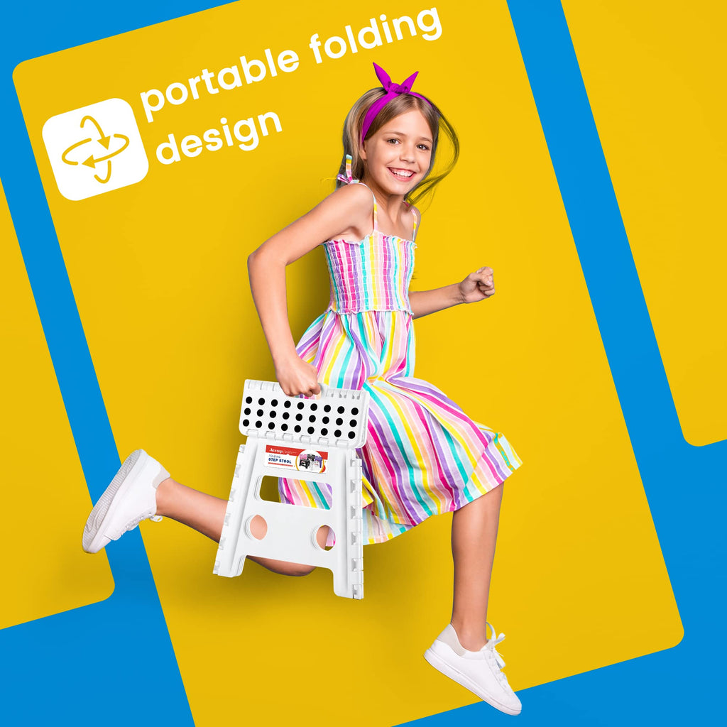 ACSTEP 9 Inch Folding Step Stool 300 LB Capacity Plastic Foldable Step Stools for Kids and Adults, Folding Stool Suitable for Kitchen, Stepping Stool with Handle Bicolor Green Small Step Stool 1PC