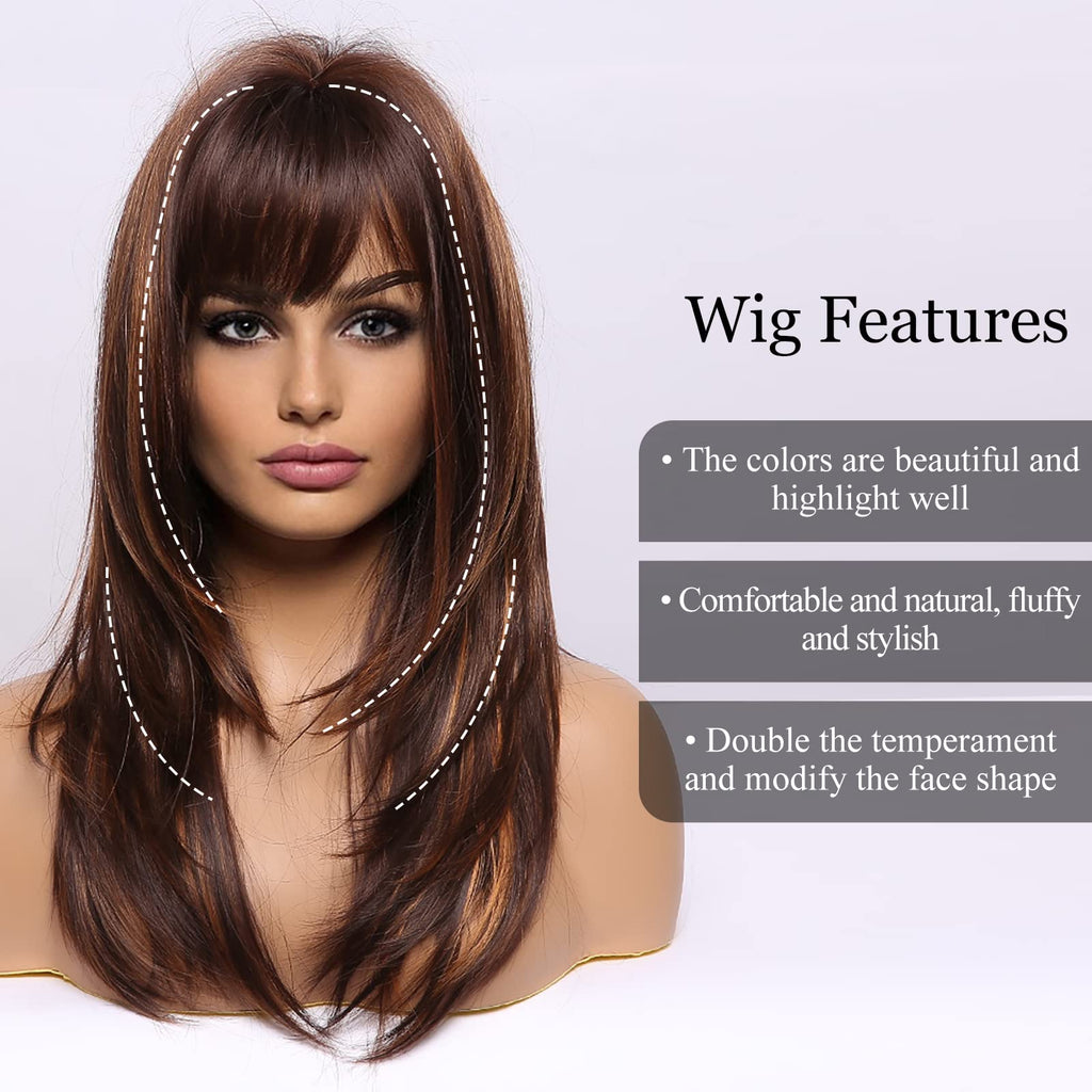 HAIRCUBE Auburn Wigs for Women,Long Layered Orange Wigs with Bangs Heat Resistant Synthetic Fibre Wigs(pelucas de cabello natural)