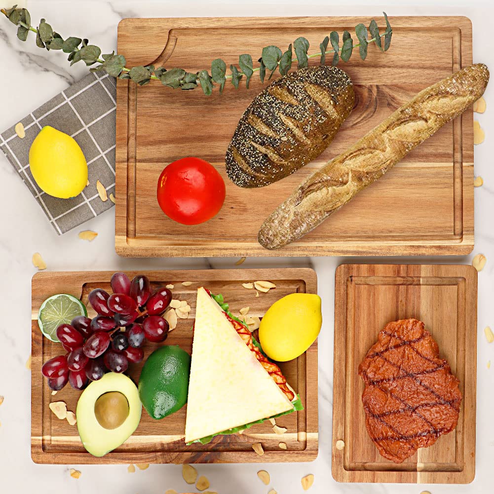 AIDEA Wood Cutting Board, Wooden Cutting Boards for Kitchen, Acacia Wood Chopping Board Set of 3 with Deep Juice Groove, for Meat, Vegetables, and Fruit