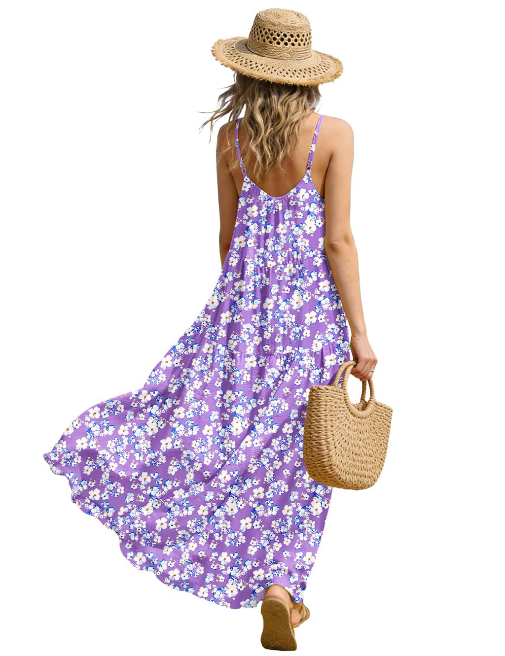 YESNO Summer Bohemian Floral Dresses for Women Spaghetti Straps Maxi Dress Casual Flowy Dresses with Pockets ES0