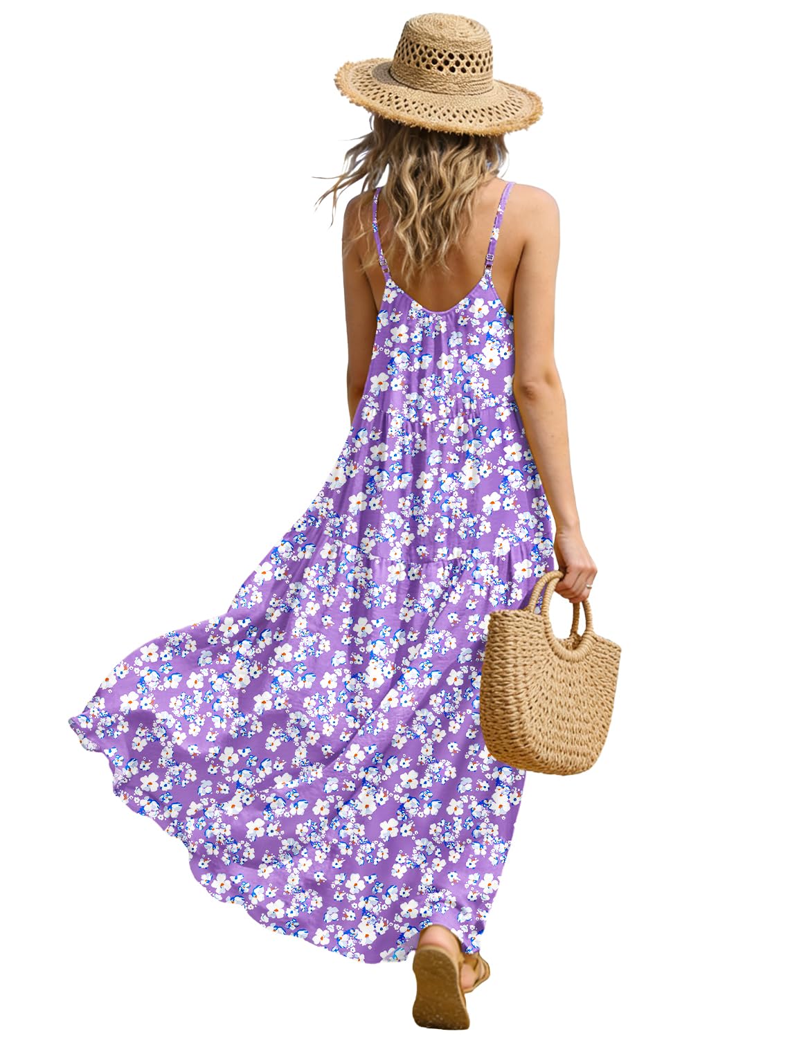 YESNO Summer Bohemian Floral Dresses for Women Spaghetti Straps Maxi Dress Casual Flowy Dresses with Pockets ES0