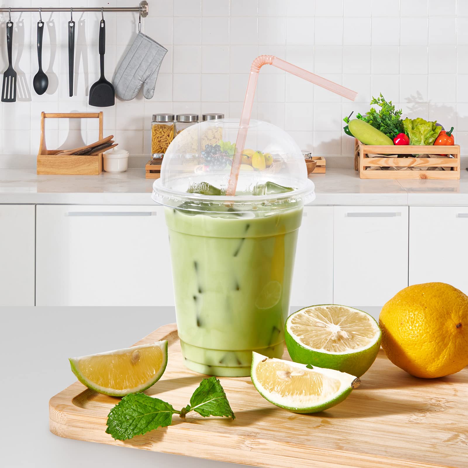 FOCUSLINE 200 PACK 12oz Clear Plastic Cups, Disposable Cold Drinking Cups, 12 Ounce Clear Cups with Dome Lids with Holes for Smoothie, Milkshake, Bubble Tea, Parfait