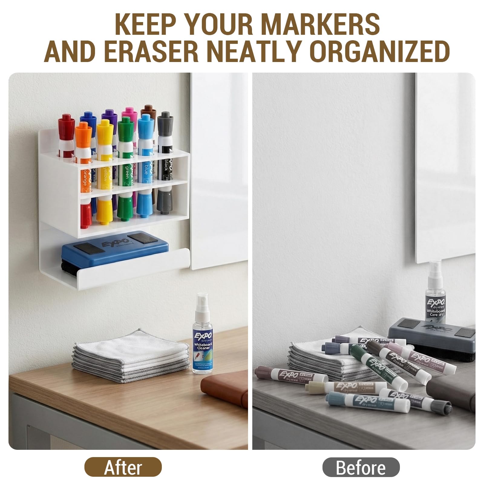 MyGift Dry Erase Marker Holder 10 Slots Whiteboard Marker Holder for Wall Dry Erase Eraser Holder Wall Mount Black