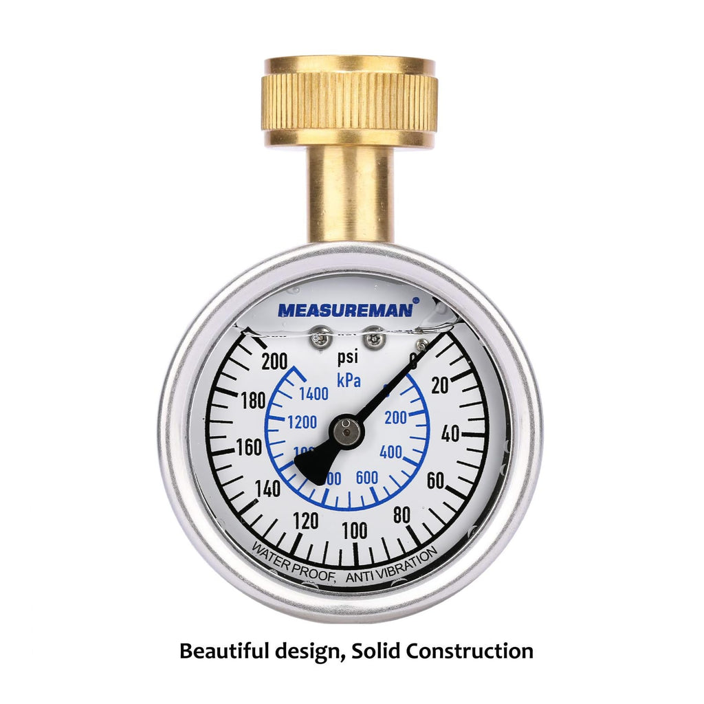 MEASUREMAN 2" Water Pressure Test Gauge, 3/4" Female Hose Thread, 0-200 psi/kpa with Maximum Pressure Memory (Pack of 2)