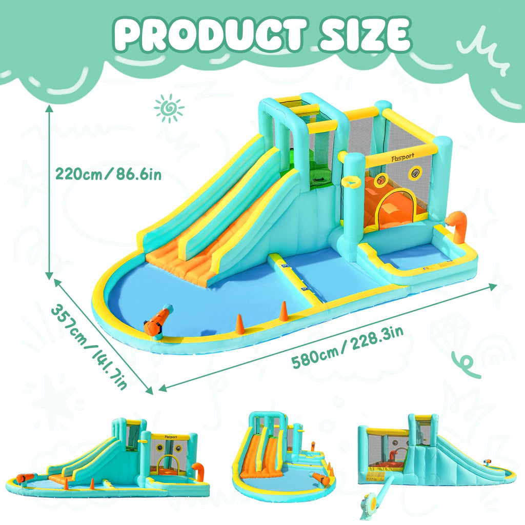 FBSPORT Inflatable Bounce House Double Slide,Water Slide Park Bounce House with Ball Pit,Water Cannon, Climbing Wall, Kids Bouncy Castle with 550W Air Blower for Backyard, Outdoor, Indoor