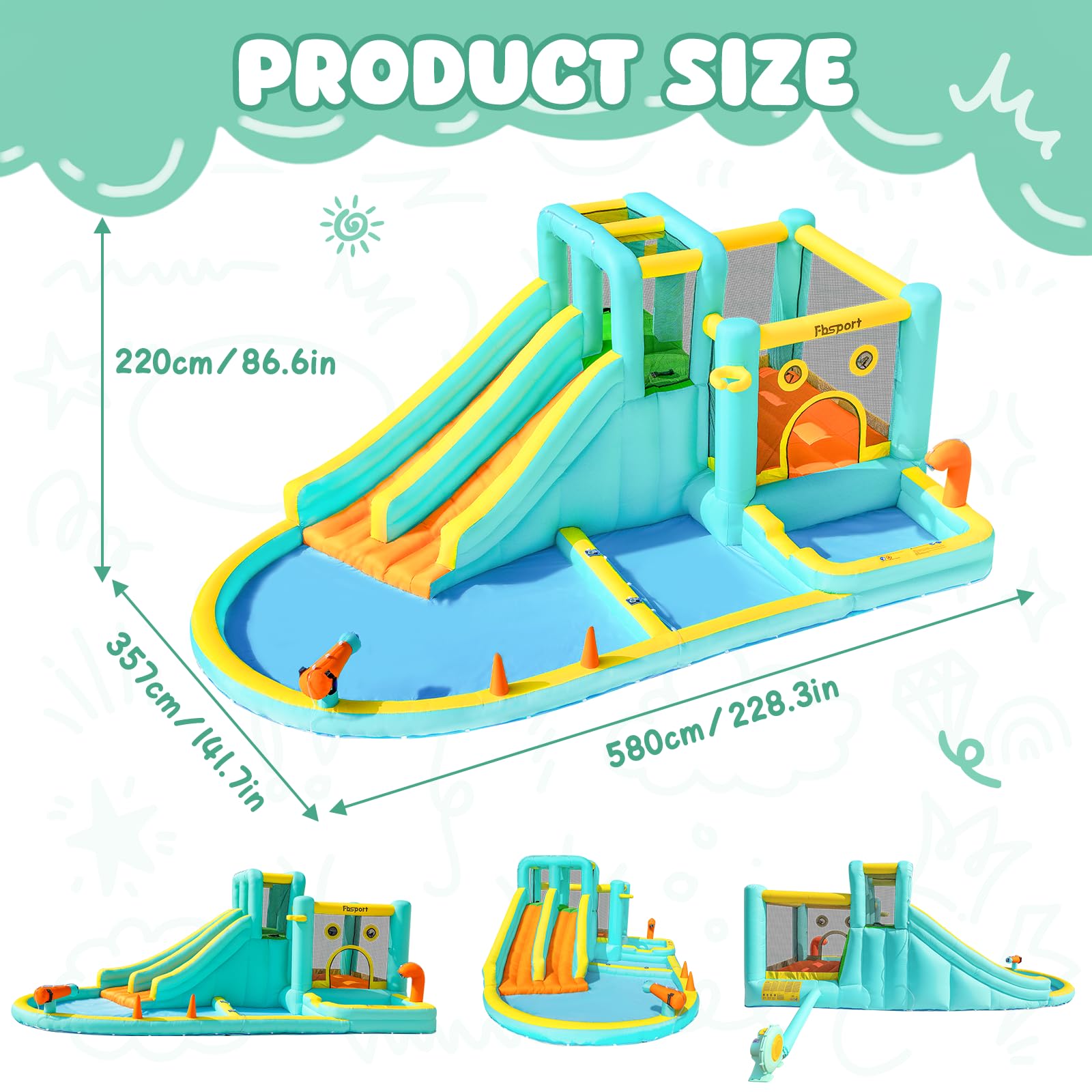 FBSPORT Inflatable Bounce House Double Slide,Water Slide Park Bounce House with Ball Pit,Water Cannon, Climbing Wall, Kids Bouncy Castle with 550W Air Blower for Backyard, Outdoor, Indoor