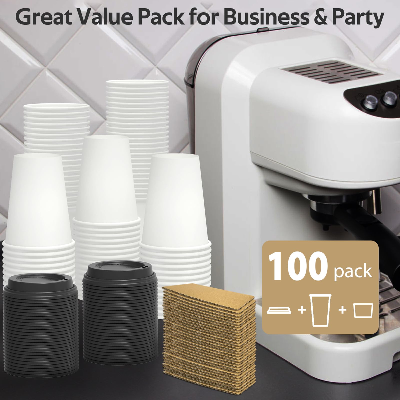 Dealusy 100 Pack 12 oz Disposable Coffee Cups with Lids and Sleeves, Sturdy Thick Paper & Leak-free Insulated to Go Paper Hot Coffee Cups with Sip Lids for Hot & Cold Beverage