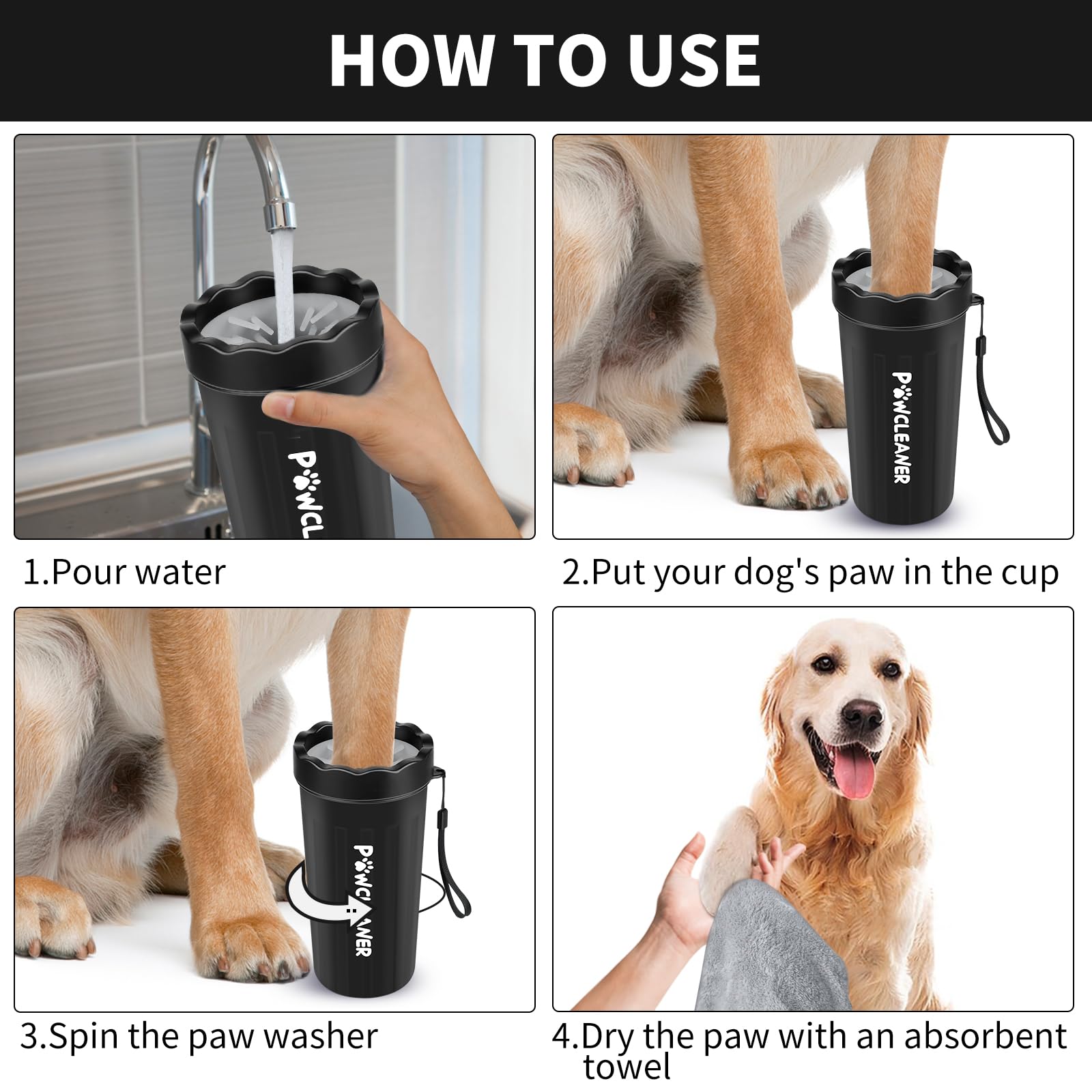 Professional 7 in 1 Dog Paw Cleaner for Dogs & Cats - Includes 1 Portable Paw Washer, 1 Bath Brush, 2 Dog Toothbrushes and 3 Absorbent Towels Note: Fits Paws up to 2 Inches Wide (Small, Black)
