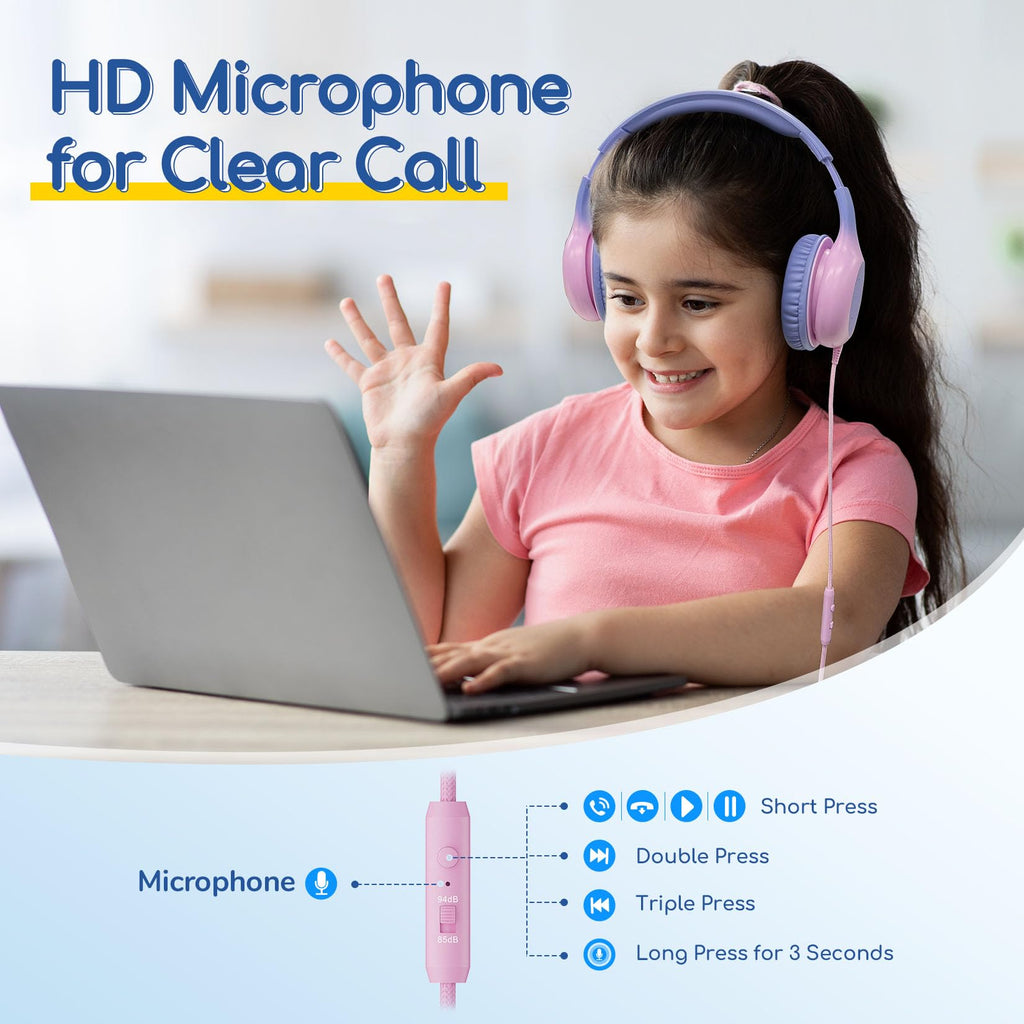 EarFun K1 Kids Headphones Wired with Microphone, 85/94dB Volume Limit Headphones for Kids, Portable Wired Headphone with Shareport, Stereo Sound Foldable Headset for School/Tablet/iPad, Black Red