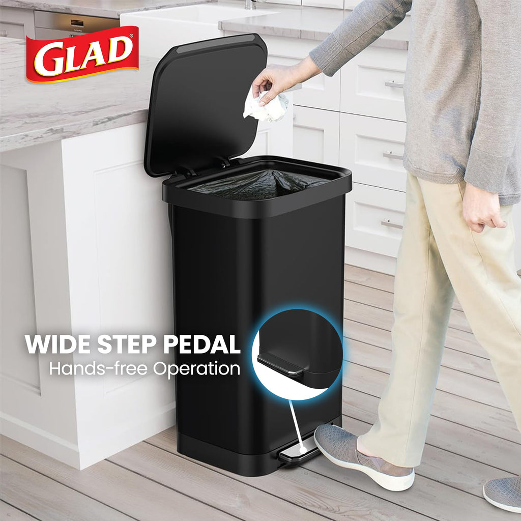 Glad 13 Gallon All Brushed Stainless Steel Trash Can with Clorox Odor Protection | Large Metal Kitchen Garbage Bin with Soft Close Lid, Garbage Bag Rings, Step On Foot Pedal and Waste Bag Roll Holder