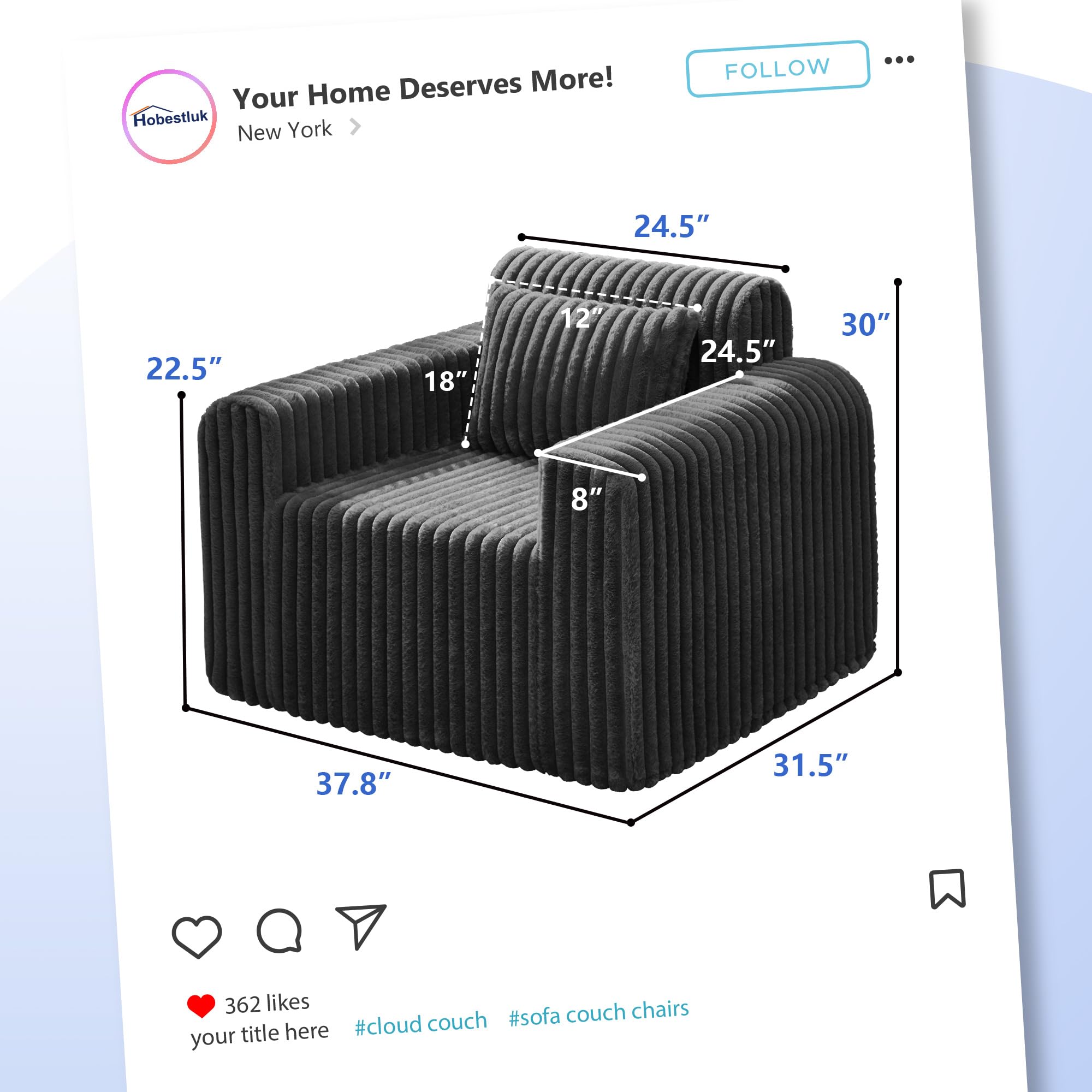 Hobestluk Single Sofa Foam Couch Sofa for Small Spaces Comfy Sofas with Removable Cover Furry Couch with Pillows for Living Room, Bedroom, Apartment, Office (Black, Standard)