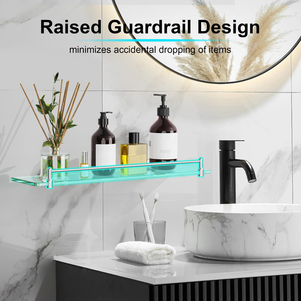 Glass Bathroom Shelves,Brushed Gold Floating Shelves for Wall Rectangular Modern Stainless Steel Glass Shelf for Bathroom Shelves wall Mounted 16 Inch