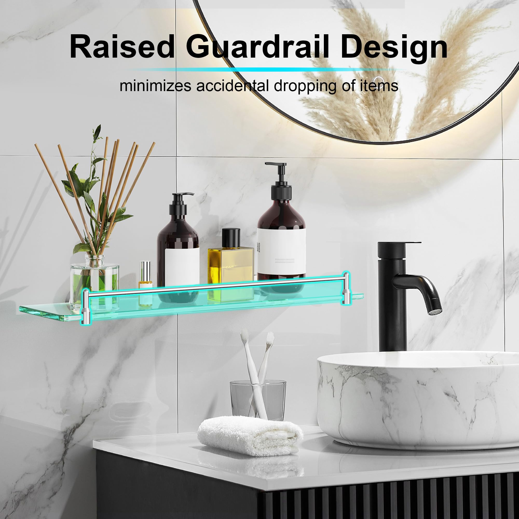 Glass Bathroom Shelves,Brushed Gold Floating Shelves for Wall Rectangular Modern Stainless Steel Glass Shelf for Bathroom Shelves wall Mounted 16 Inch