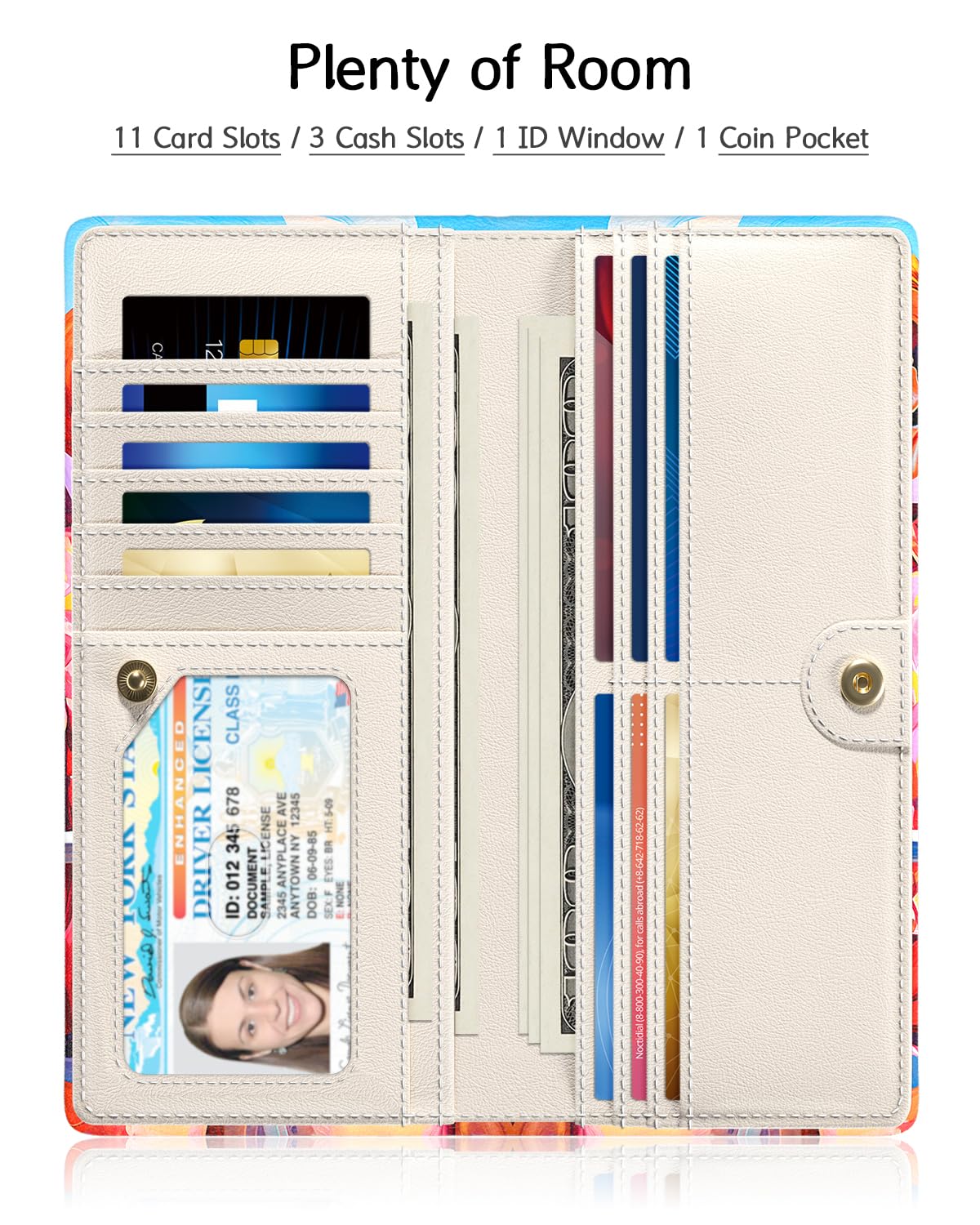 Nipichsha Womens Wallet, RFID Slim Wallets for Women, Thin Ladies Credit Card Holder Purse, Cute Leather Bifold Clutch Billfold with 11 Card Slots & ID Window, Abstract Boho Leaf