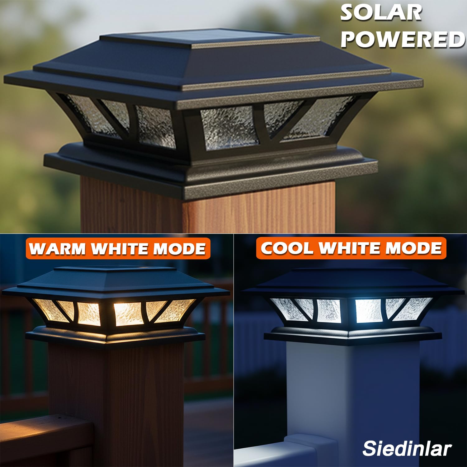 SIEDiNLAR Solar Post Lights Outdoor 2 Modes LED Deck Fence Cap Light for 4x4 5x5 6x6 Posts Patio Garden Decoration Warm White/Cool White Lighting Black (1 Pack)