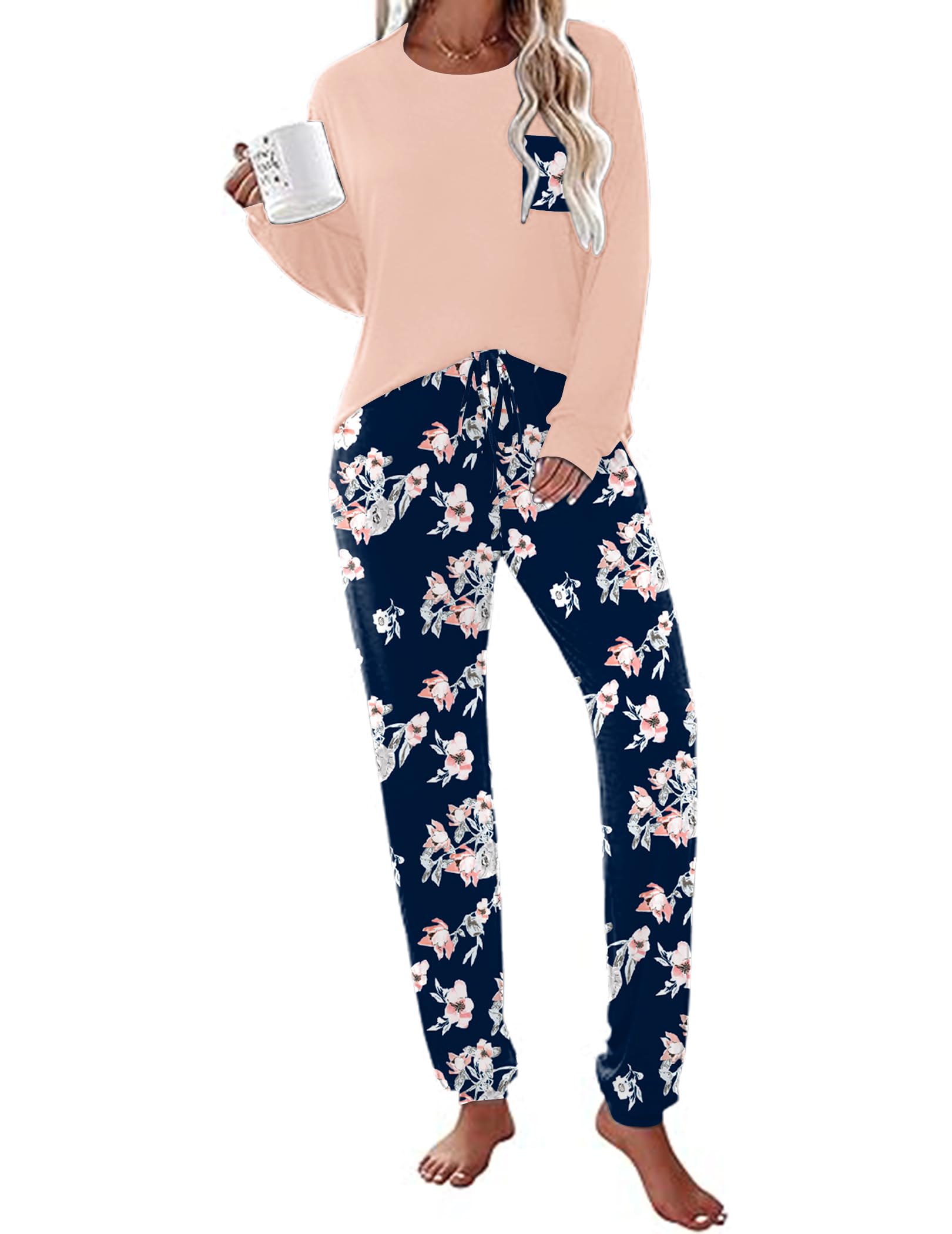 Ekouaer Womens Pajamas Set Long Sleeve Christmas PJ Sets Soft Lounge Set for Women Sleepwear Joggers with Pockets