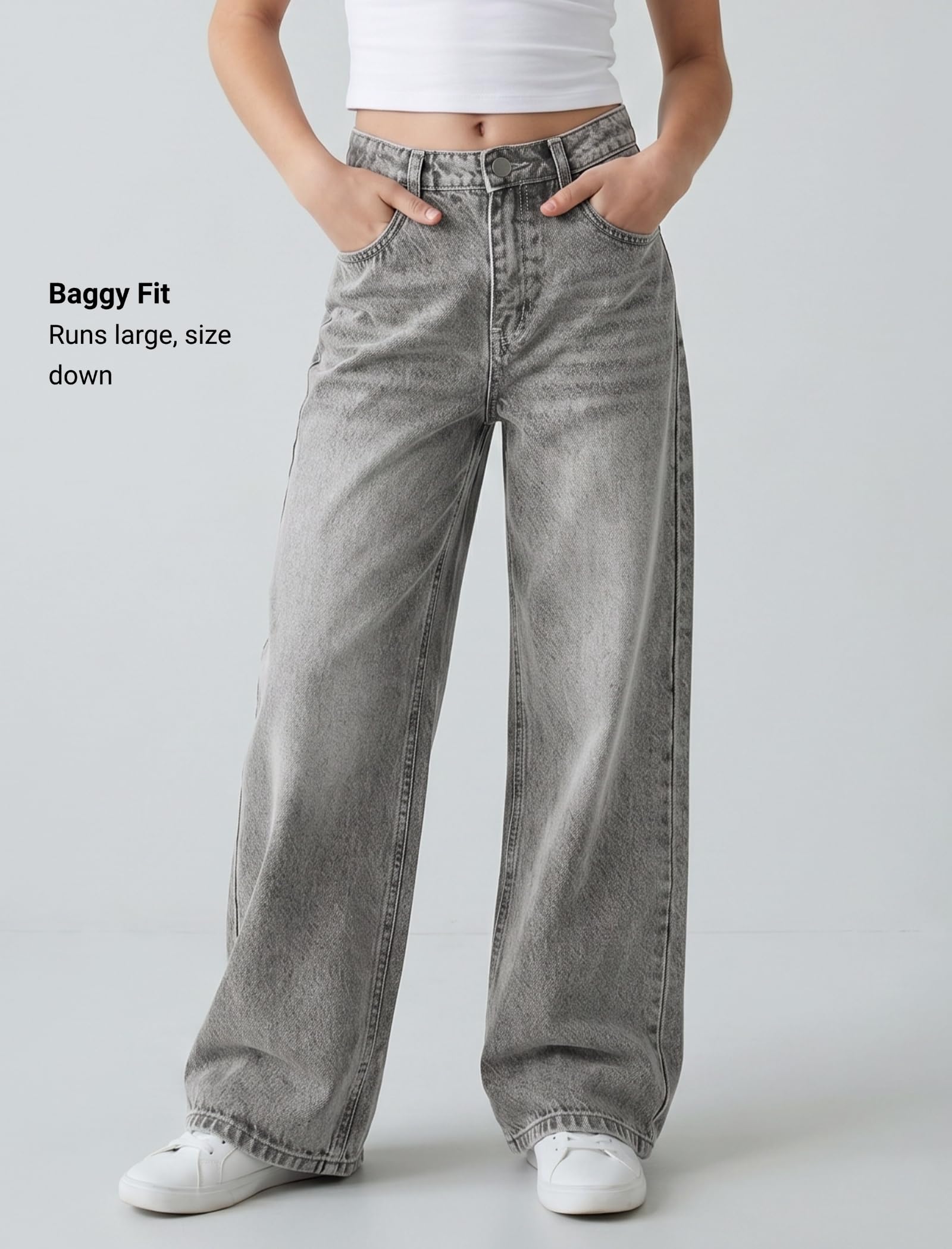 EXARUS Girls Jeans Baggy Wide Leg Cute Teen Tween Long Denim Pants Clothes Tall Junior Elastic Band Pockets