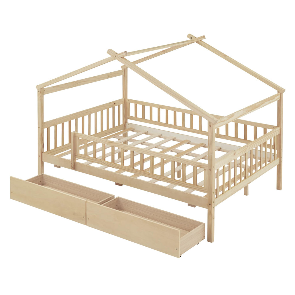 Merax Twin Size Wooden House Bed with Two Drawers, Wood Bed Frame with Roof for Kids, Teens, Boys or Girls, Grey