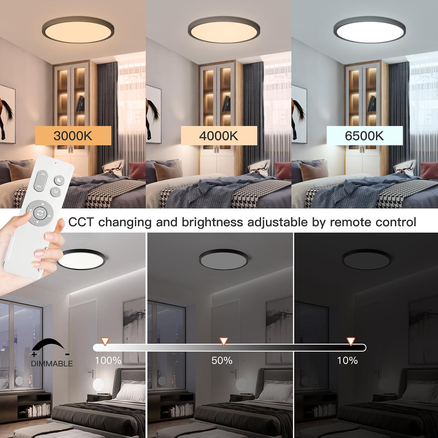 Roomratv Black Ceiling Light Fixture with Remote Control, with 3000K Warm Nightlight, 12inch 24W Flush Mount Ceiling Light, 3 Light Color Changeable, Brightness(10% to 100%) Adjustable