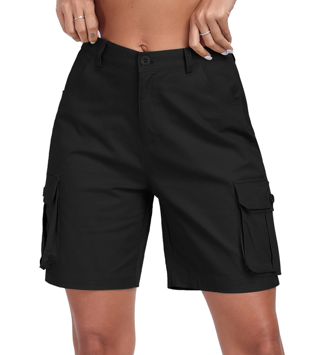 MoFiz Women's Cargo Shorts Bermuda Shorts Button Pockets Elastic Waist Knee Length Long Hiking Casual Shorts for Summer