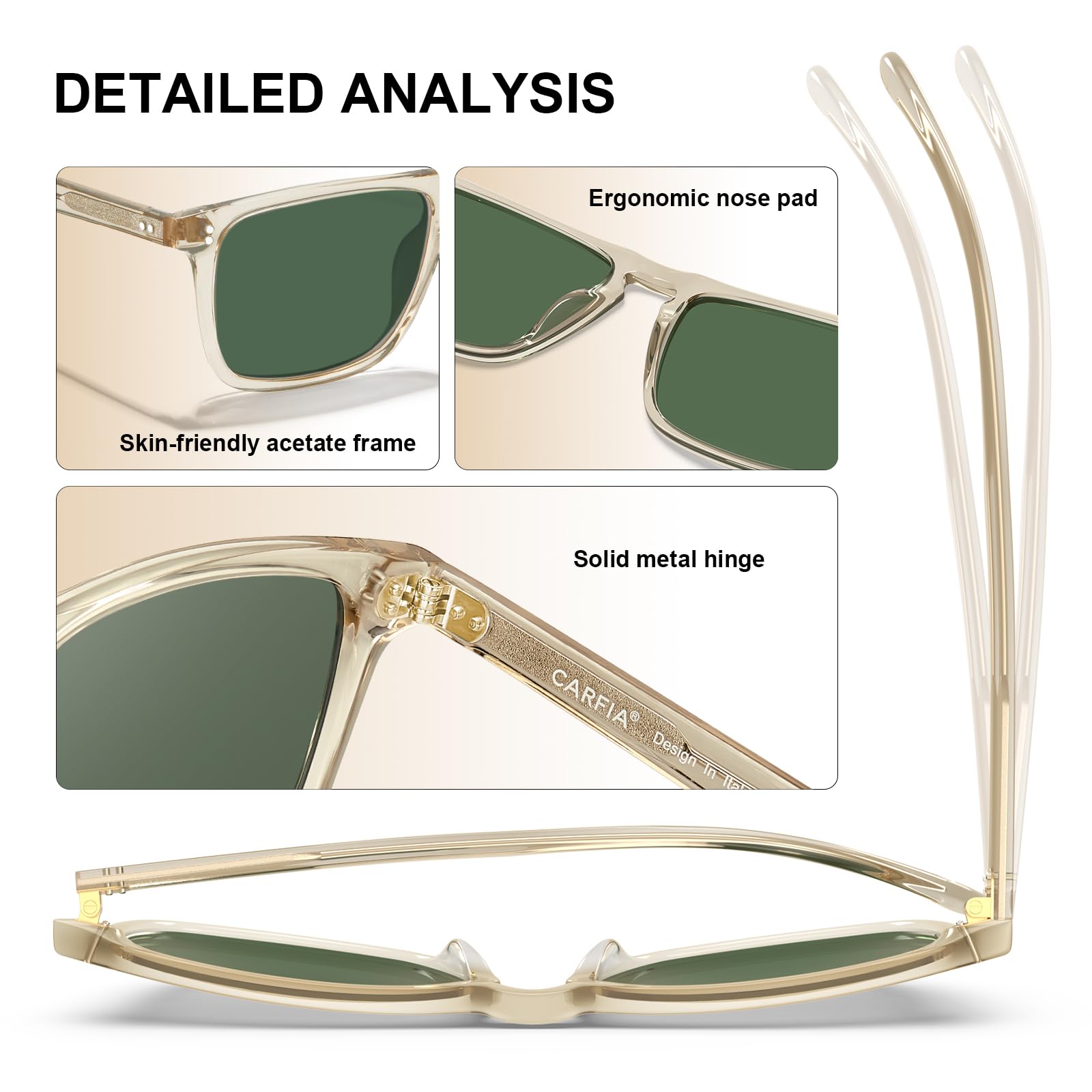 CARFIA Retro Polarized Sunglasses for Men UV Protection Hand-crafted Acetate Frame Fashion Cool Sun Glasses CA53572