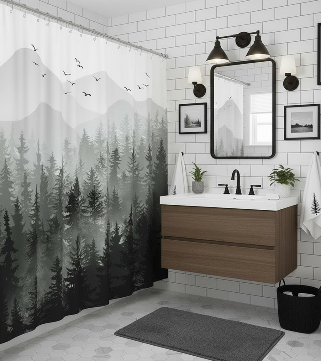 Stall Small Black and White Misty Forest Shower Curtain Ombre Gray Grey Mountain Pine Tree Waterproof Fabric Shower Curtains for Bathroom Nature Woodland Decorative Bath Curtain Decor 36×72 Inches