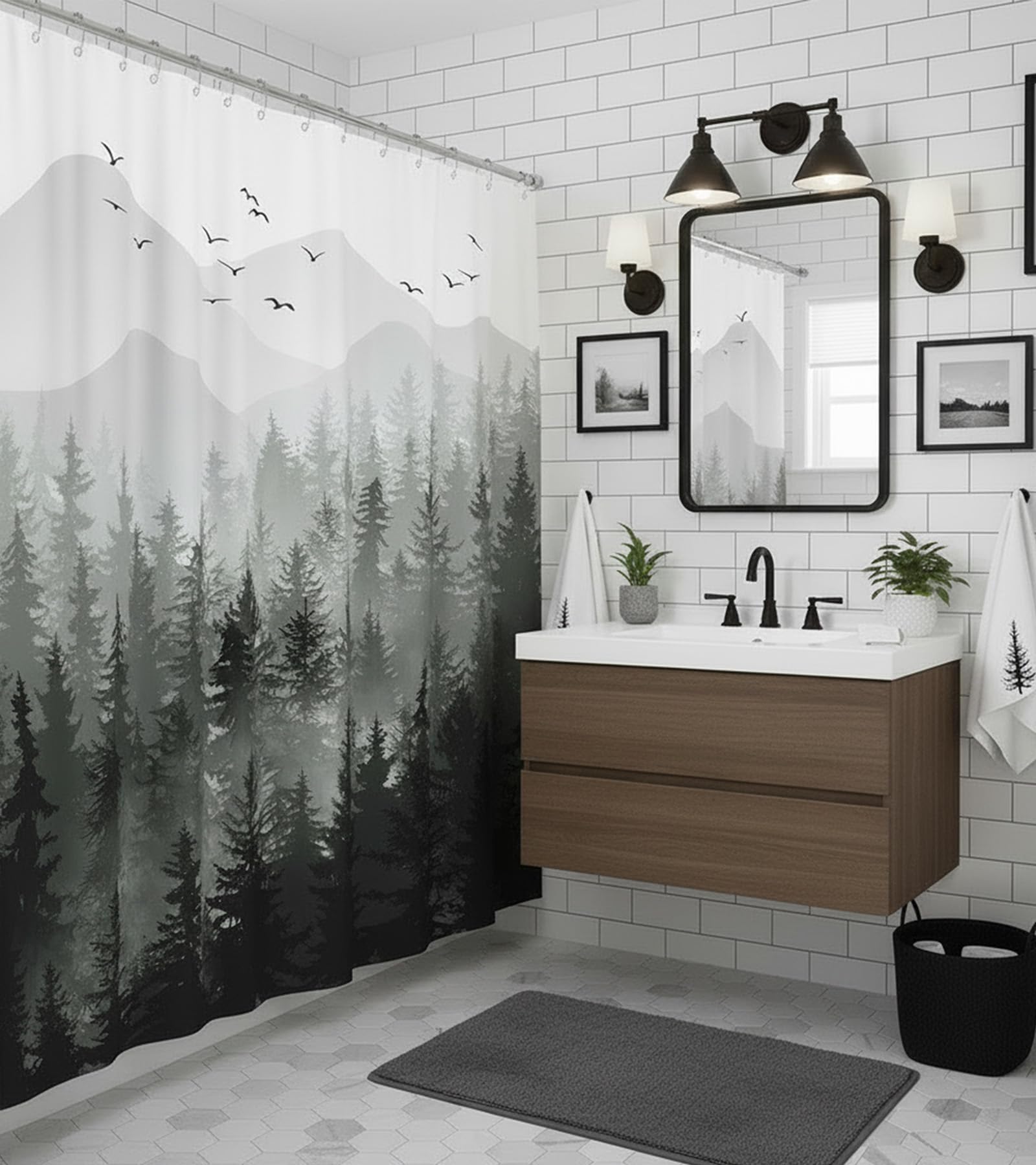 Stall Small Black and White Misty Forest Shower Curtain Ombre Gray Grey Mountain Pine Tree Waterproof Fabric Shower Curtains for Bathroom Nature Woodland Decorative Bath Curtain Decor 36×72 Inches
