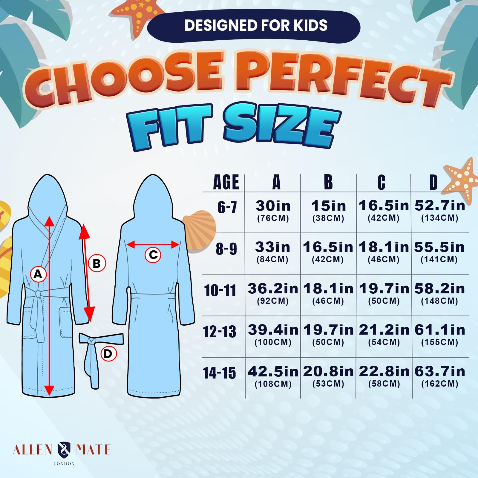 ALLEN & MATE 100% COTTON Hooded Kids Bathrobe – Soft, Medium Weight Absorbent Bath Towel Robe for Boys & Girls, 6-15 Years
