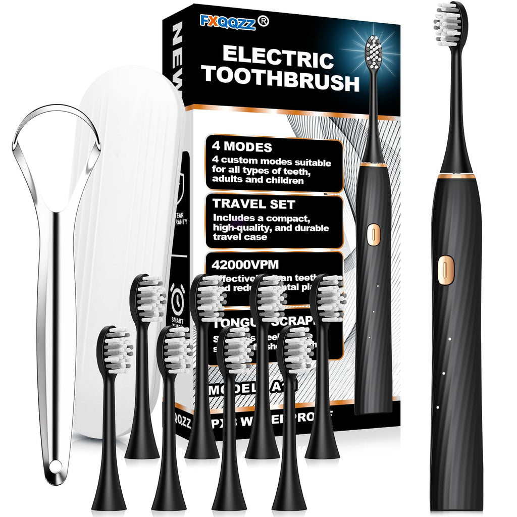 FXQQZZ Electric Toothbrush for Adults and Kids, with Tongue Scraper and Travel Case, 8 Brush Head, Smart Timer & 4 Modes Rechargeable Toothbrush, 42000 VPM Deep Clean, One Charge Last 90 Days - Black