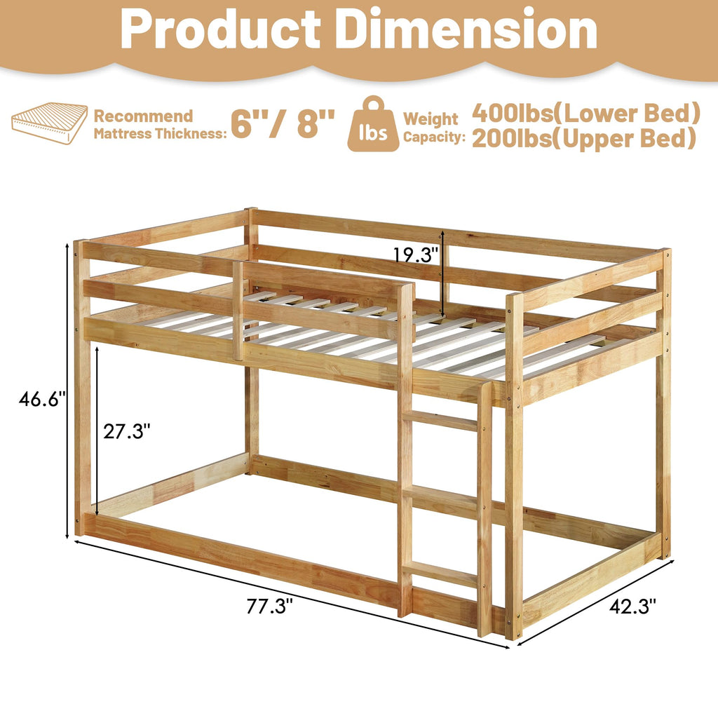 Bunk Bed Twin Over Twin, Wood Low Profile Floor Twin Bunk Beds with Headboard Ladder Guardrails for Kids Boys and Girls, No Box Spring Needed