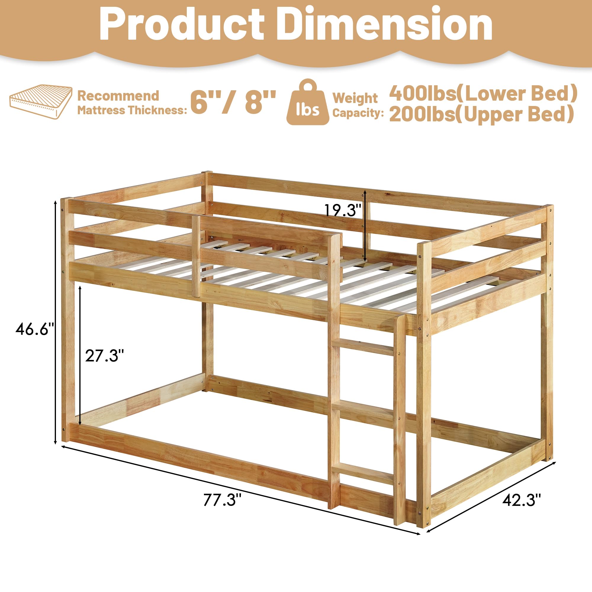 Bunk Bed Twin Over Twin, Wood Low Profile Floor Twin Bunk Beds with Headboard Ladder Guardrails for Kids Boys and Girls, No Box Spring Needed