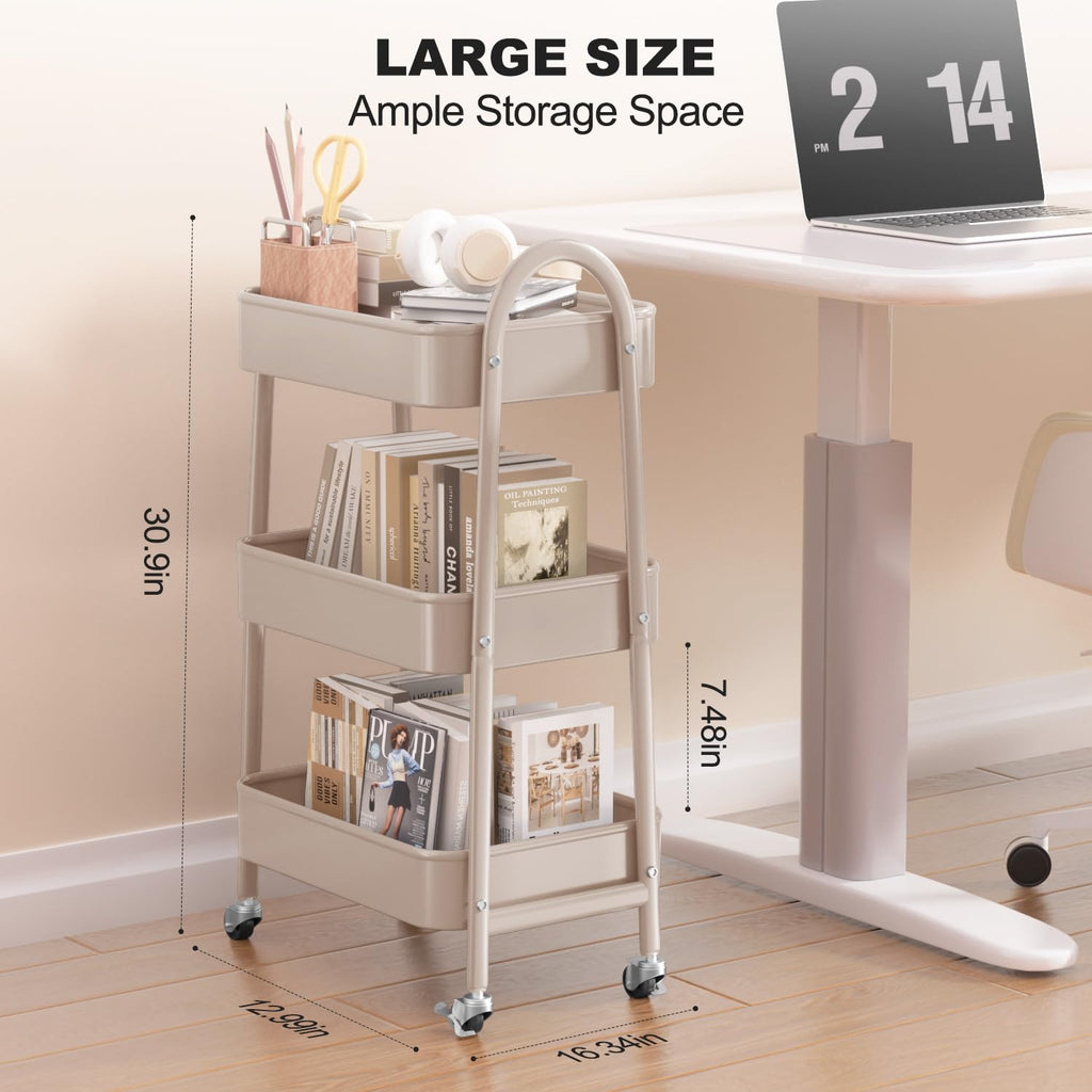 EAGMAK 3 Tier Rolling Cart, Large Metal Storage Cart with Handle and Lockable Wheels, Big Multifunctional Storage Organizer Trolley with Mesh Baskets for Kitchen, Living Room, Office, Garage (Beige)