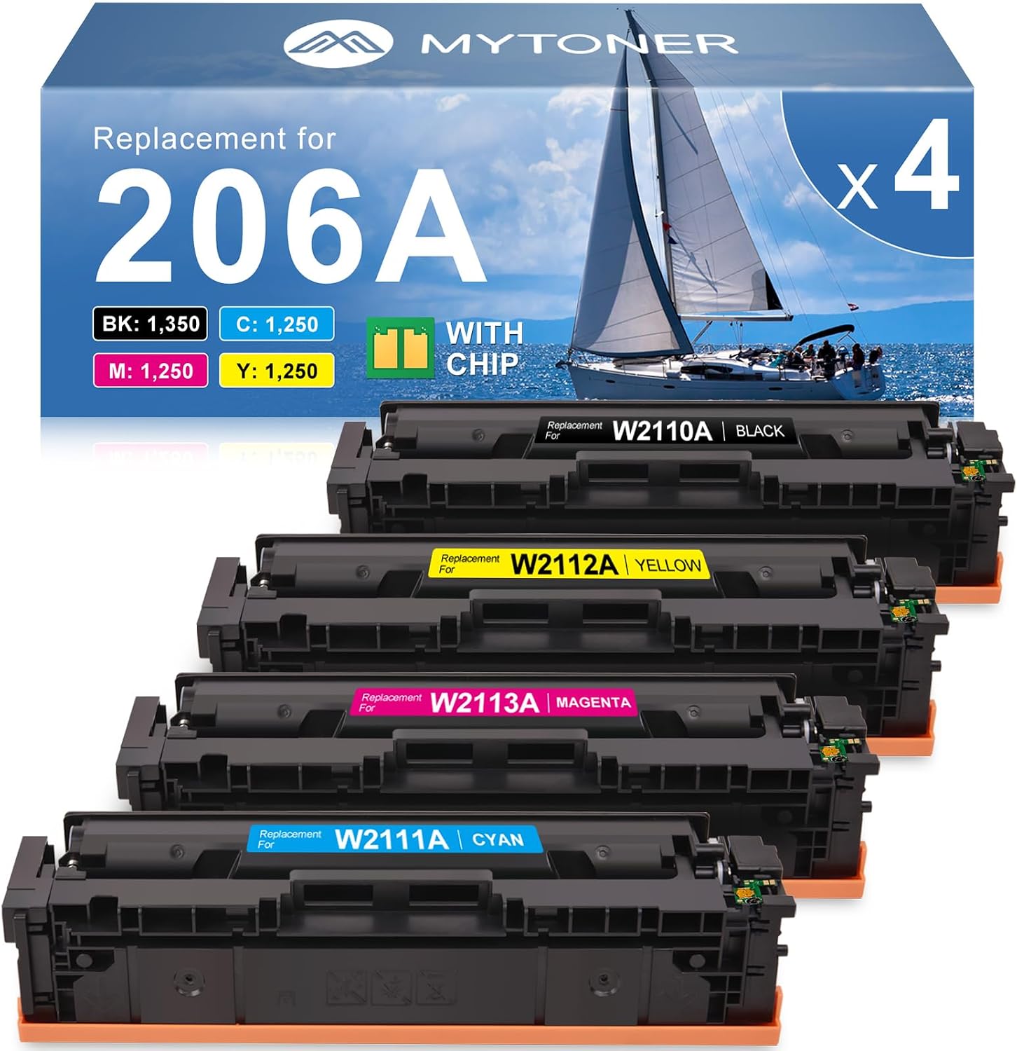 MYTONER 206A Toner Cartridges 4 Pack (with Chip) Compatible Replacement for HP 206A 206X for Color LaserJet Pro MFP M283fdw M283cdw M283fdn Pro M255dw M255nw M283 M255 Printer W2110A High Yield Ink